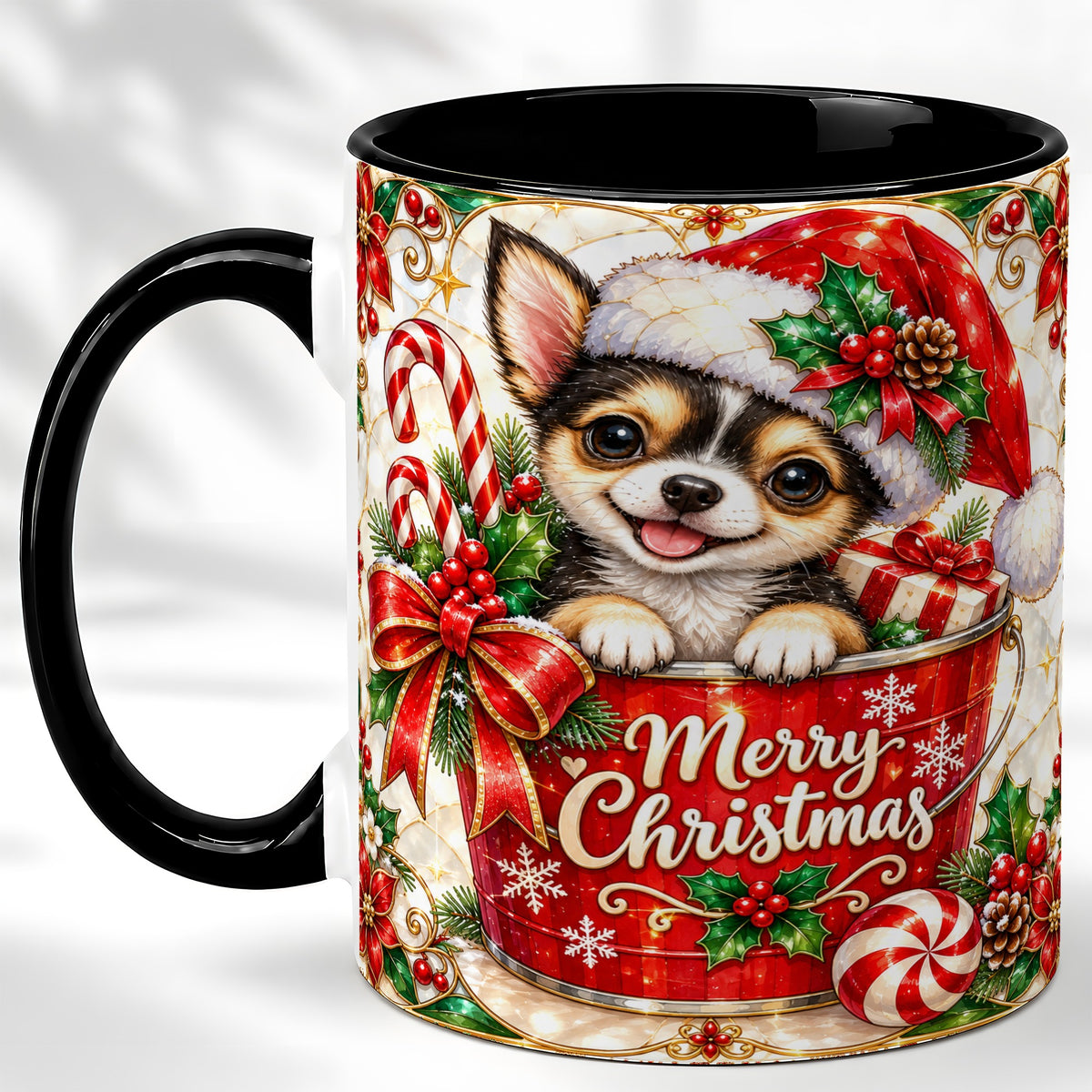 #pl[11oz|Black] Christmas Chihuahua Coffee Mug, Santa Puppy Mug, Ceramic Cup
