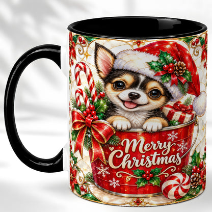 #pl[11oz|Black] Christmas Chihuahua Coffee Mug, Santa Puppy Mug, Ceramic Cup