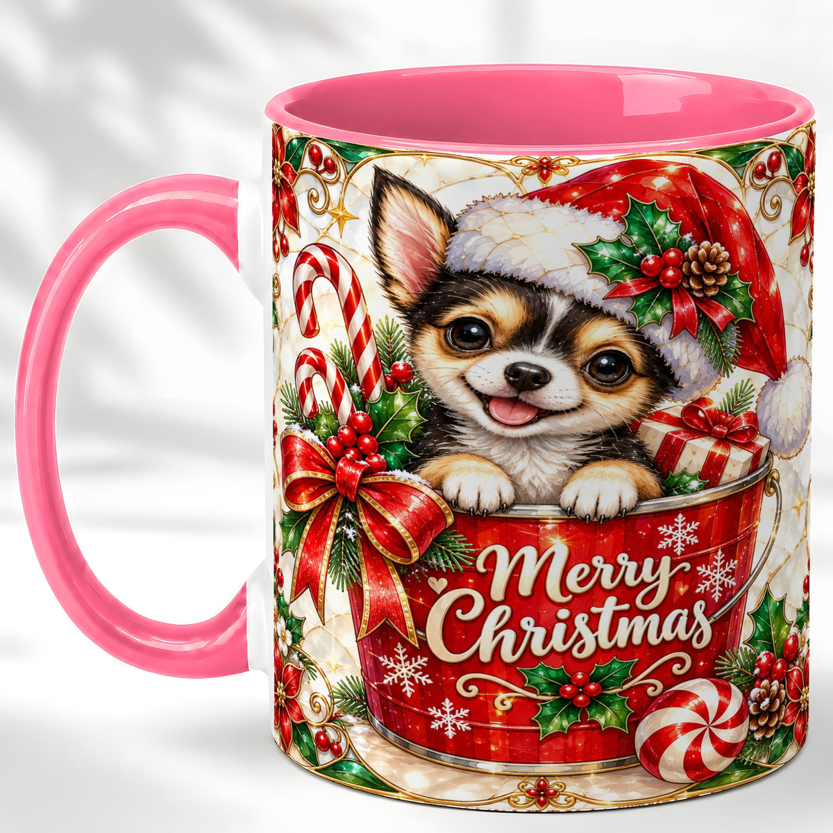 #pl[11oz|Pink] Christmas Chihuahua Coffee Mug, Santa Puppy Mug, Ceramic Cup
