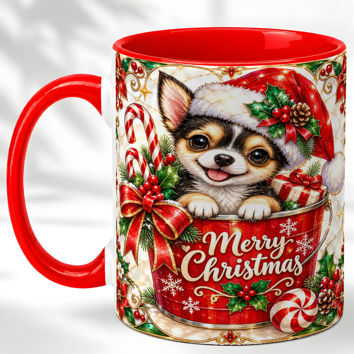 Christmas Chihuahua Coffee Mug, Santa Puppy Mug, Ceramic Cup