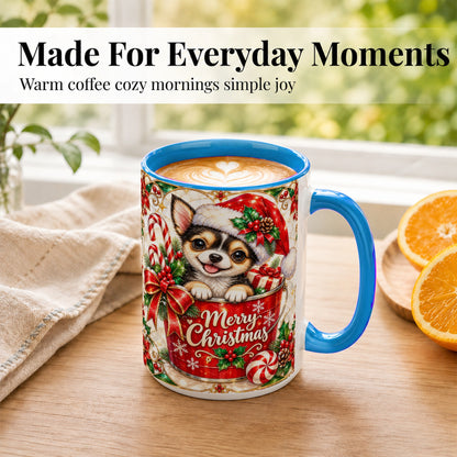 #pl[15oz|Blue] Christmas Chihuahua Coffee Mug, Santa Puppy Mug, Ceramic Cup
