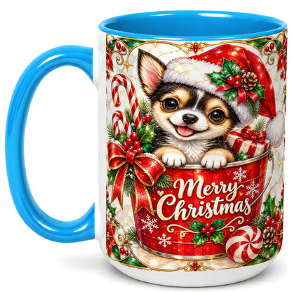 #pl[15oz|Blue] Christmas Chihuahua Coffee Mug, Santa Puppy Mug, Ceramic Cup