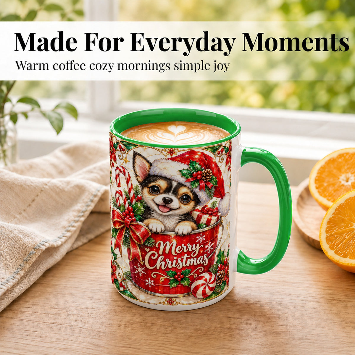 #pl[15oz|Green] Christmas Chihuahua Coffee Mug, Santa Puppy Mug, Ceramic Cup