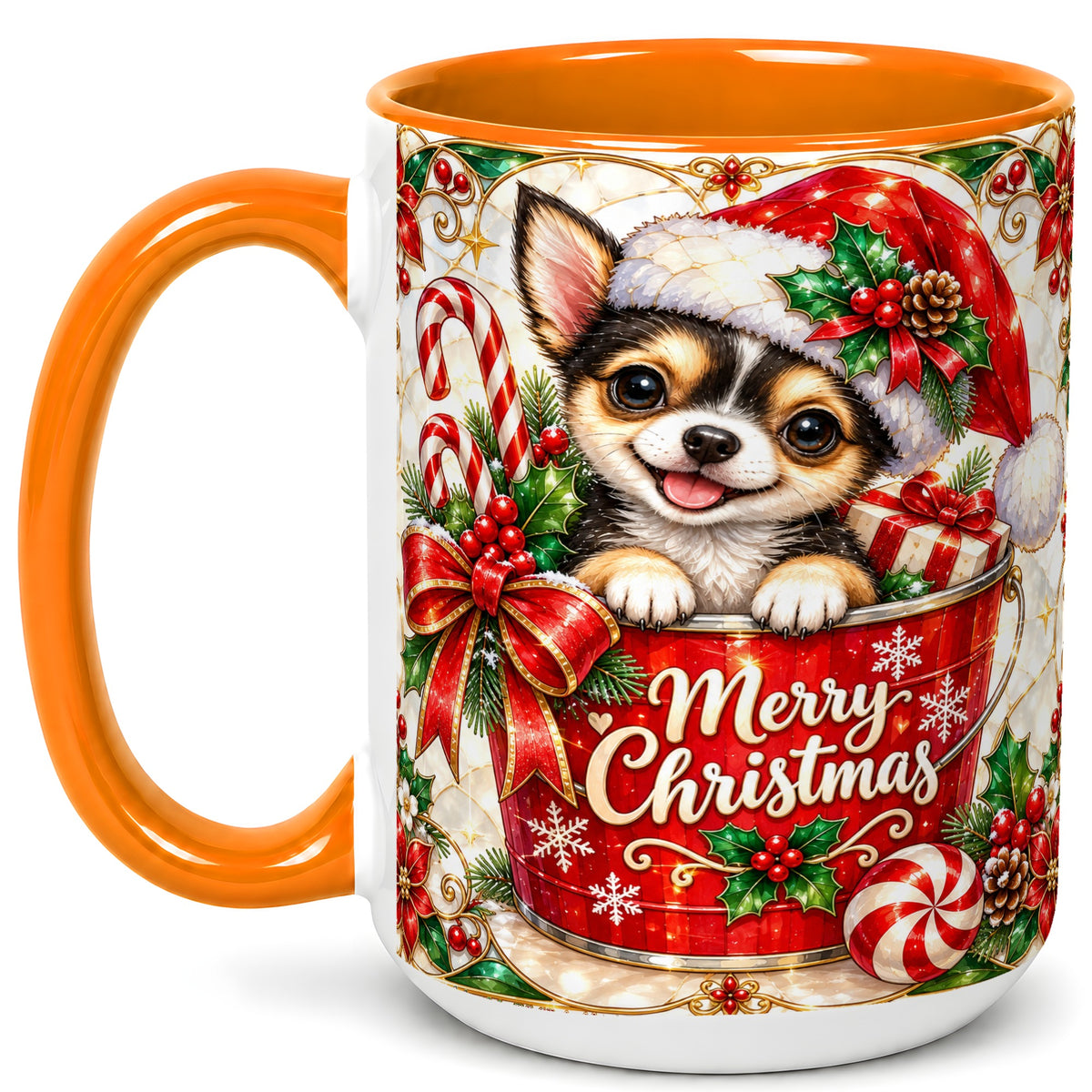 #pl[15oz|Orange] Christmas Chihuahua Coffee Mug, Santa Puppy Mug, Ceramic Cup