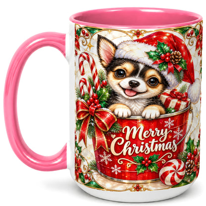 #pl[15oz|Pink] Christmas Chihuahua Coffee Mug, Santa Puppy Mug, Ceramic Cup
