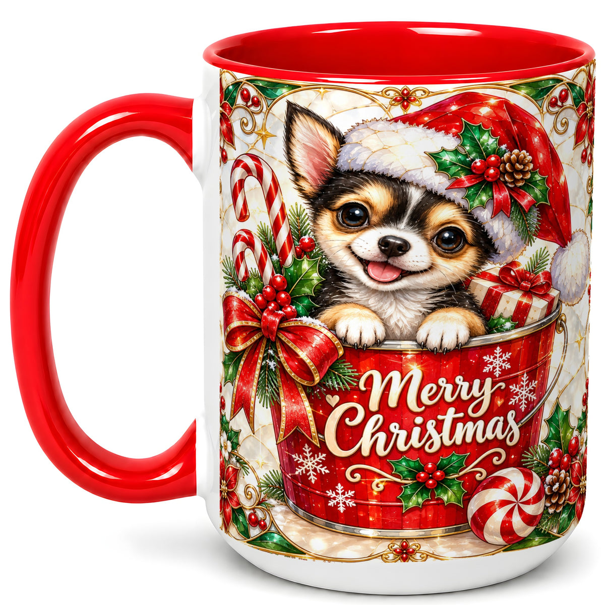 #pl[15oz|Red] Christmas Chihuahua Coffee Mug, Santa Puppy Mug, Ceramic Cup