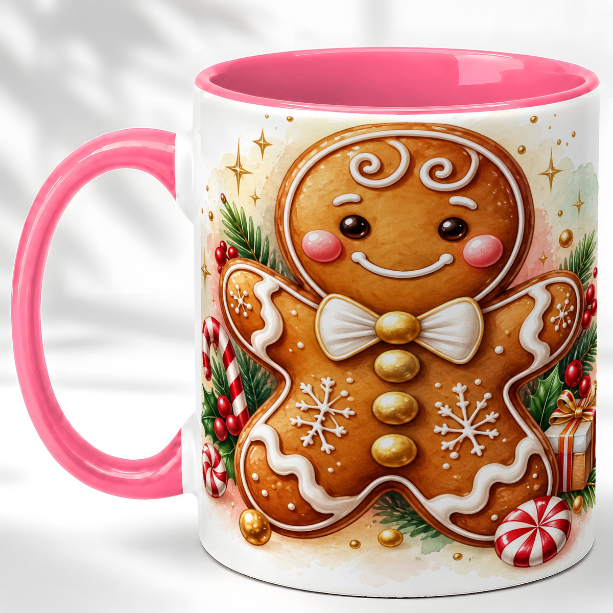 #pl[11oz|Pink] Gingerbread Man Coffee Mug, Christmas Cookie Mug, Ceramic Cup