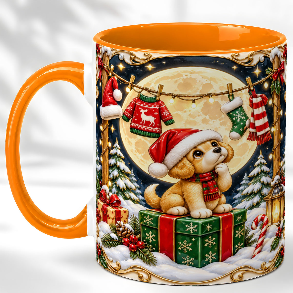 #pl[11oz|Orange] Christmas Puppy Coffee Mug, Santa Dog Mug, Ceramic Cup