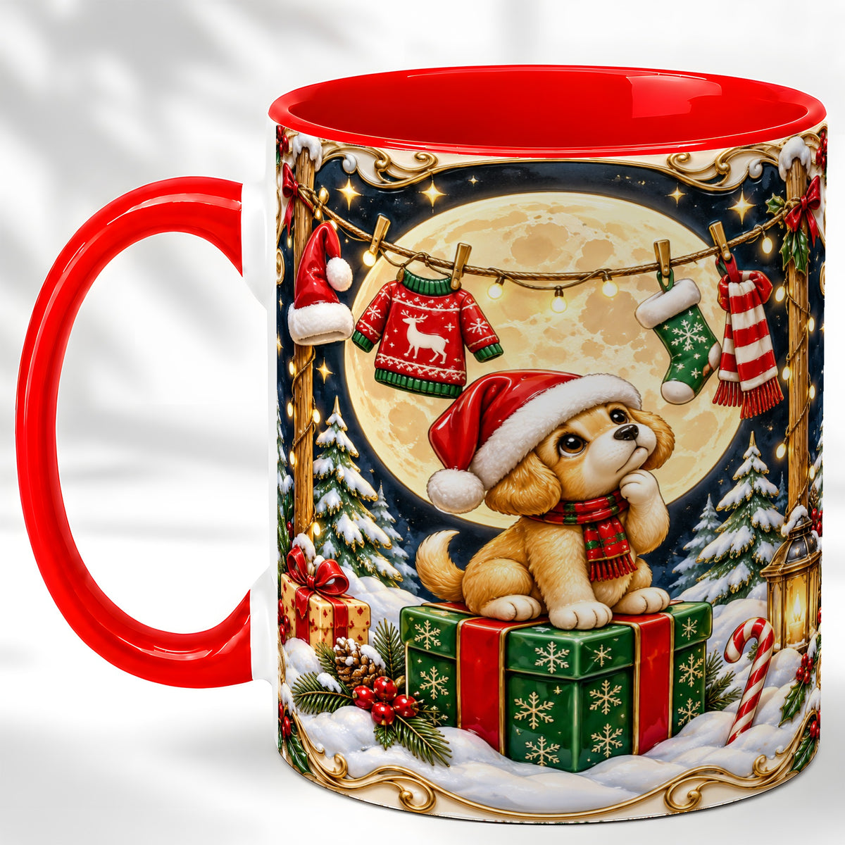 Christmas Puppy Coffee Mug, Santa Dog Mug, Ceramic Cup
