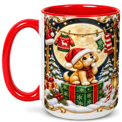 #pl[15oz|Red] Christmas Puppy Coffee Mug, Santa Dog Mug, Ceramic Cup