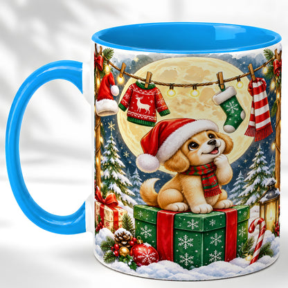 #pl[11oz|Blue] Christmas Puppy Coffee Mug, Golden Santa Dog Mug, Ceramic Cup