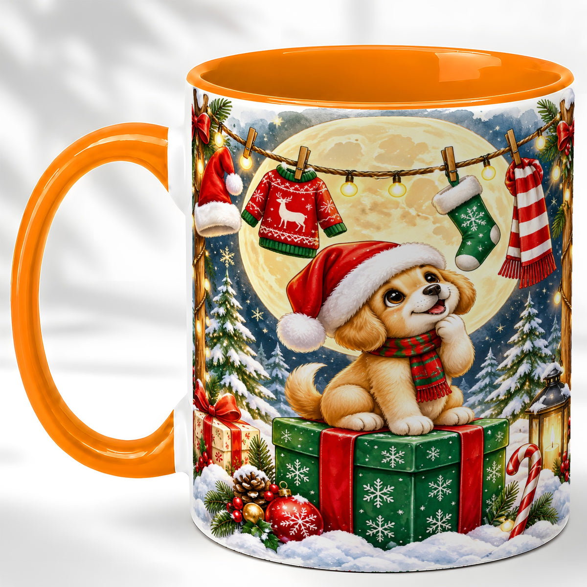 #pl[11oz|Orange] Christmas Puppy Coffee Mug, Golden Santa Dog Mug, Ceramic Cup