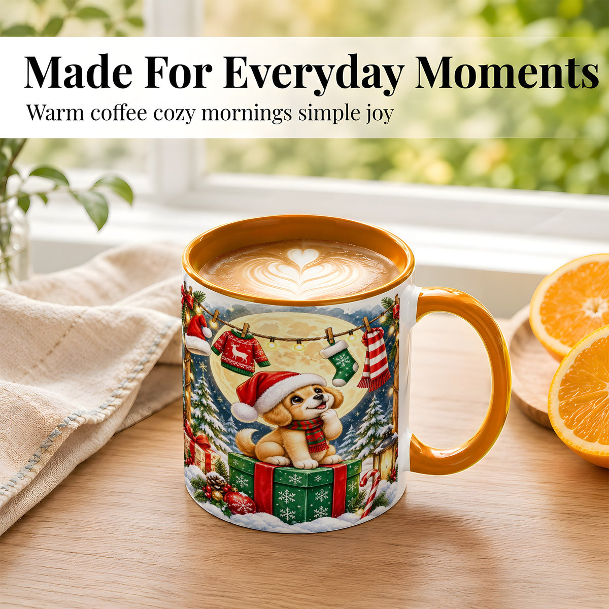 #pl[11oz|Orange] Christmas Puppy Coffee Mug, Golden Santa Dog Mug, Ceramic Cup