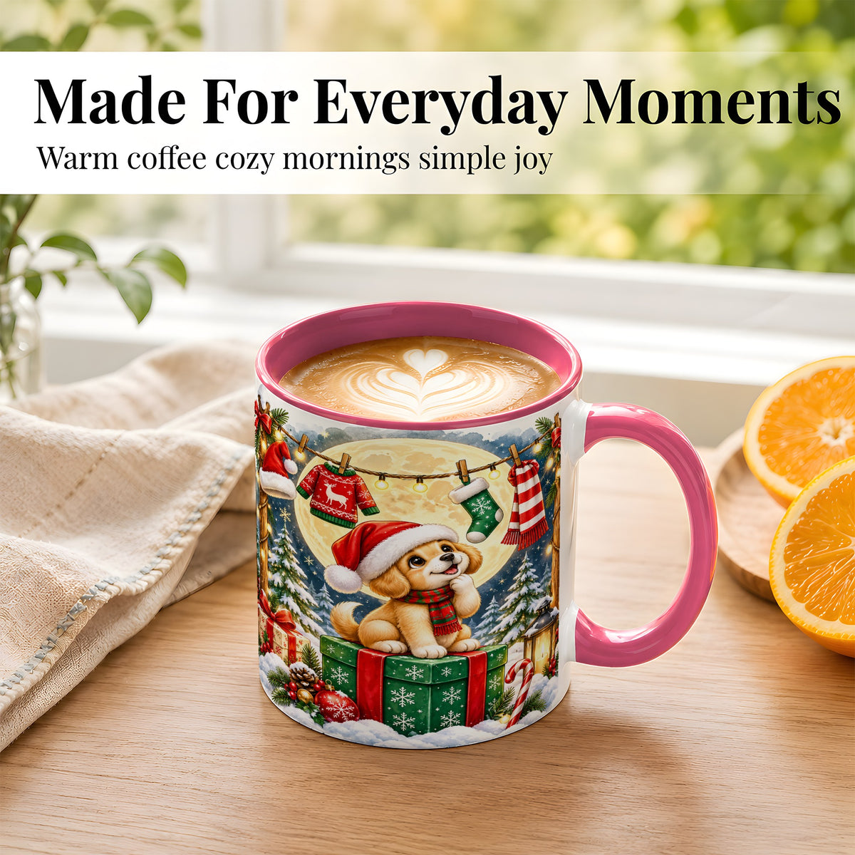 #pl[11oz|Pink] Christmas Puppy Coffee Mug, Golden Santa Dog Mug, Ceramic Cup