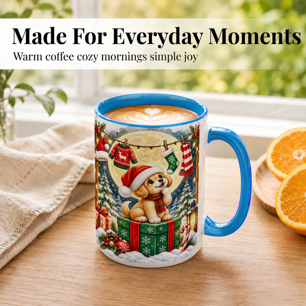 #pl[15oz|Blue] Christmas Puppy Coffee Mug, Golden Santa Dog Mug, Ceramic Cup
