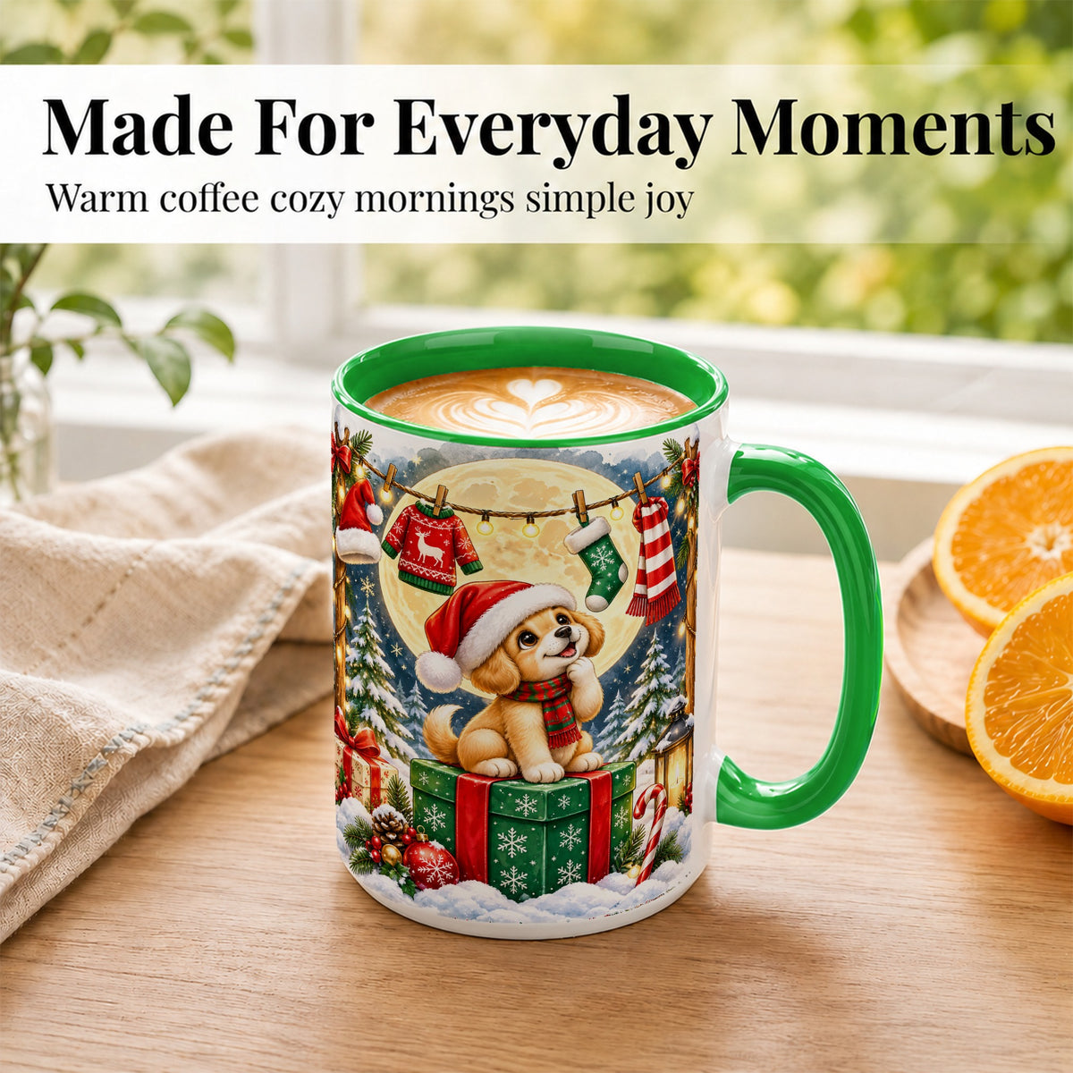 #pl[15oz|Green] Christmas Puppy Coffee Mug, Golden Santa Dog Mug, Ceramic Cup
