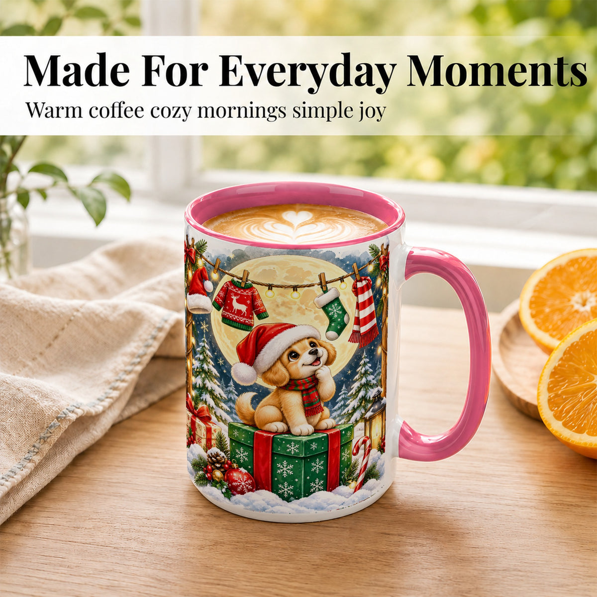 #pl[15oz|Pink] Christmas Puppy Coffee Mug, Golden Santa Dog Mug, Ceramic Cup