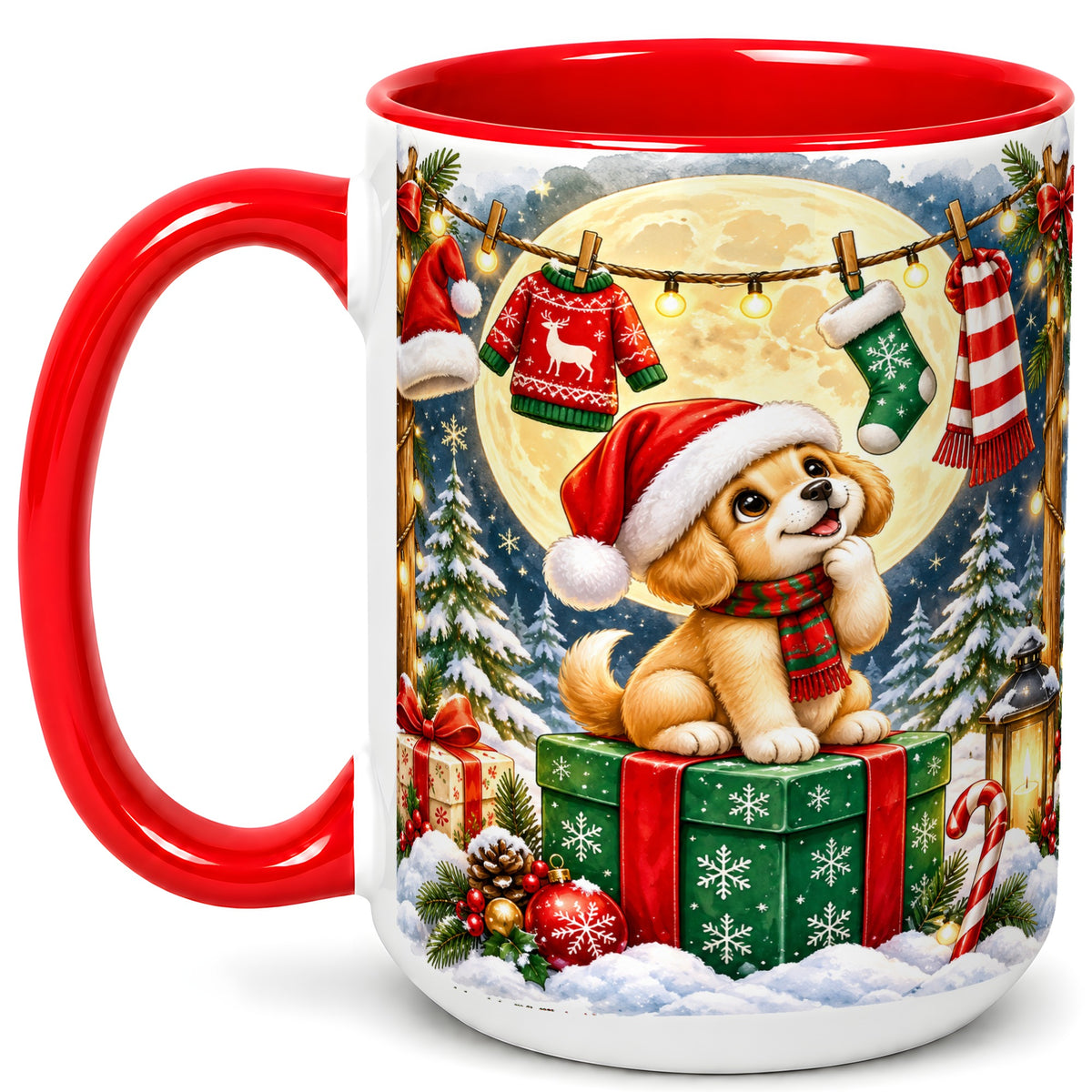 #pl[15oz|Red] Christmas Puppy Coffee Mug, Golden Santa Dog Mug, Ceramic Cup