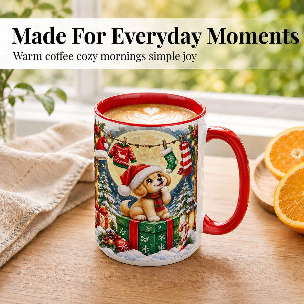 #pl[15oz|Red] Christmas Puppy Coffee Mug, Golden Santa Dog Mug, Ceramic Cup