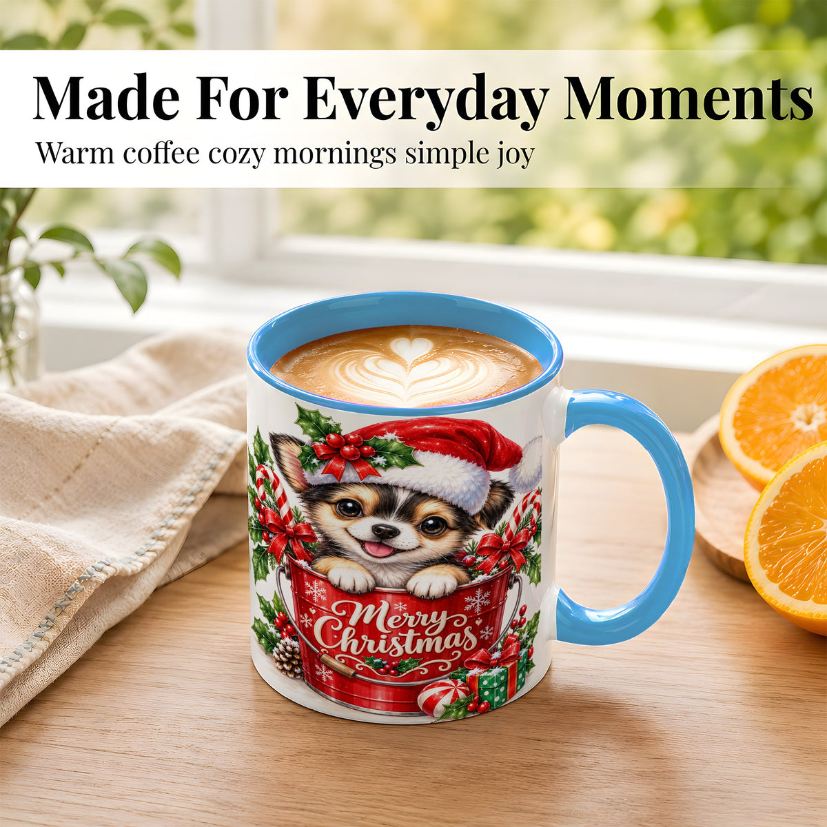 #pl[11oz|Blue] Christmas Chihuahua Coffee Mug, Santa Puppy Mug, Ceramic Cup