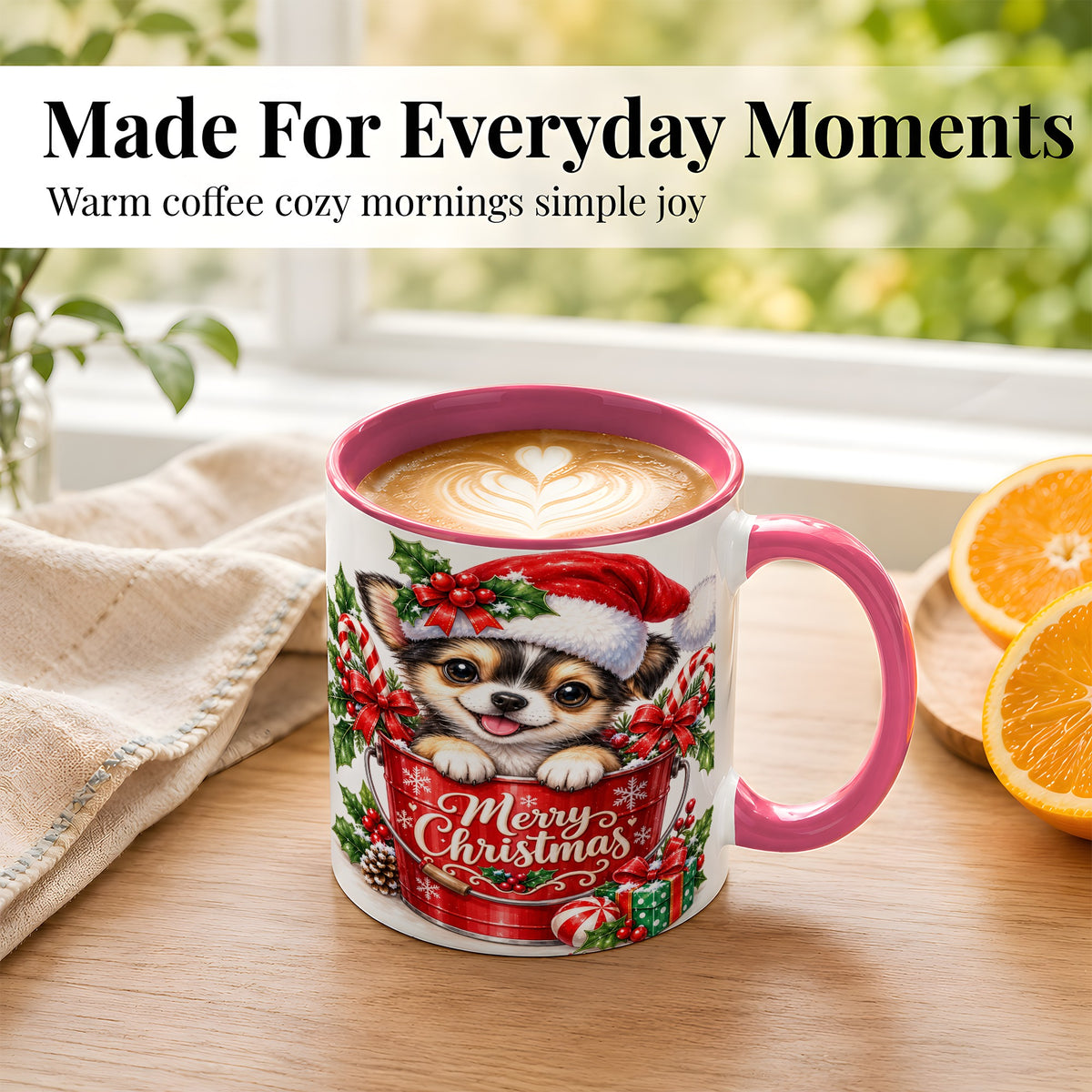 #pl[11oz|Pink] Christmas Chihuahua Coffee Mug, Santa Puppy Mug, Ceramic Cup