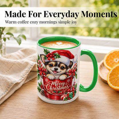 #pl[15oz|Green] Christmas Chihuahua Coffee Mug, Santa Puppy Mug, Ceramic Cup