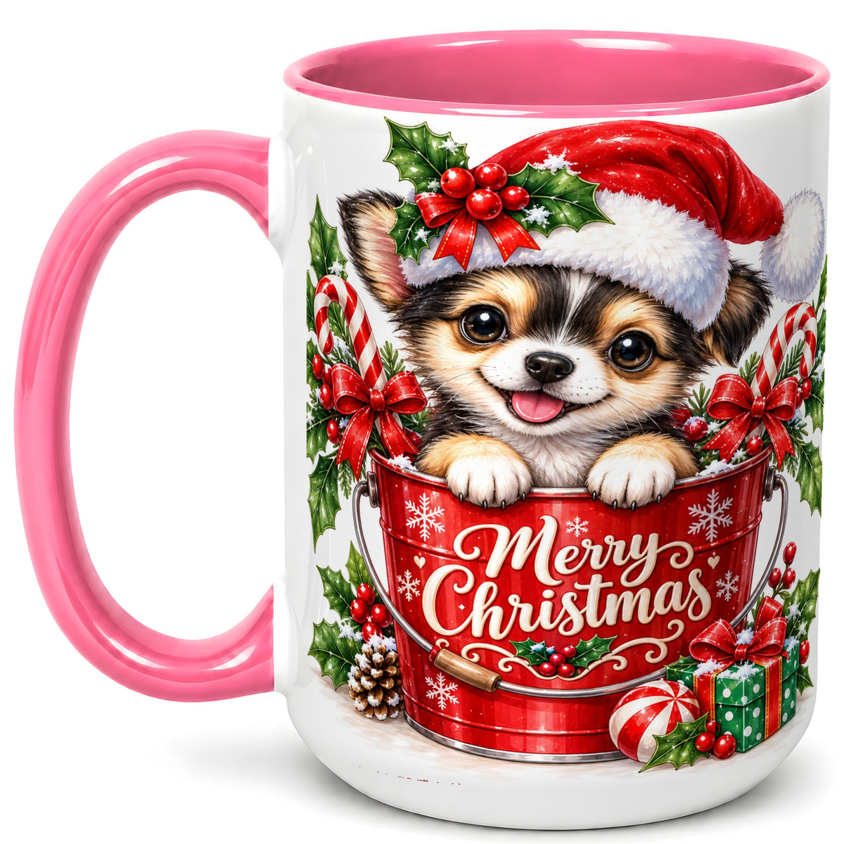 #pl[15oz|Pink] Christmas Chihuahua Coffee Mug, Santa Puppy Mug, Ceramic Cup