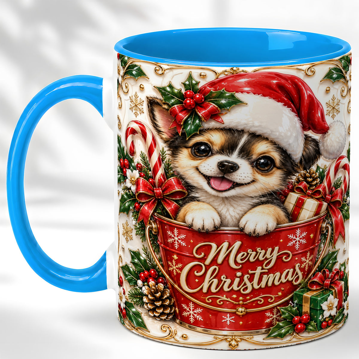 #pl[11oz|Blue] Christmas Chihuahua Coffee Mug, Ornate Santa Puppy Mug, Ceramic Cup