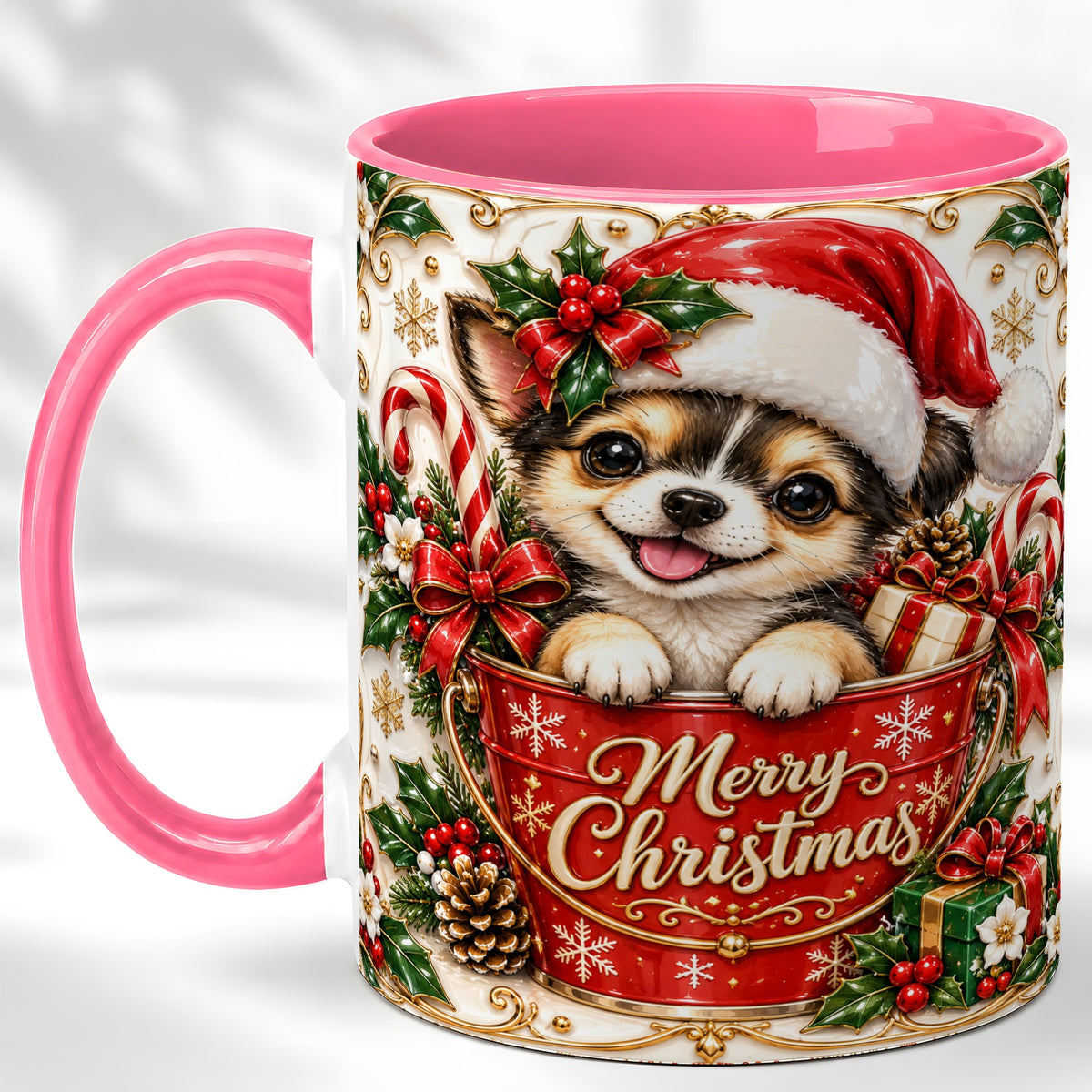 #pl[11oz|Pink] Christmas Chihuahua Coffee Mug, Ornate Santa Puppy Mug, Ceramic Cup