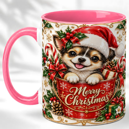 #pl[11oz|Pink] Christmas Chihuahua Coffee Mug, Ornate Santa Puppy Mug, Ceramic Cup