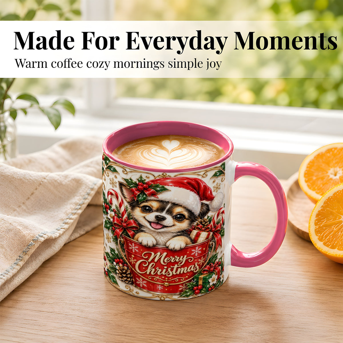 #pl[11oz|Pink] Christmas Chihuahua Coffee Mug, Ornate Santa Puppy Mug, Ceramic Cup