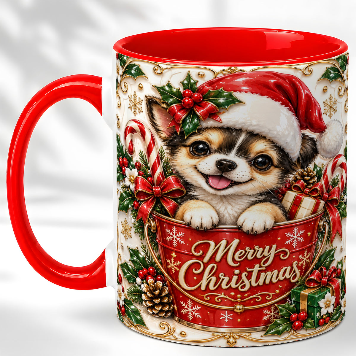 Christmas Chihuahua Coffee Mug, Ornate Santa Puppy Mug, Ceramic Cup