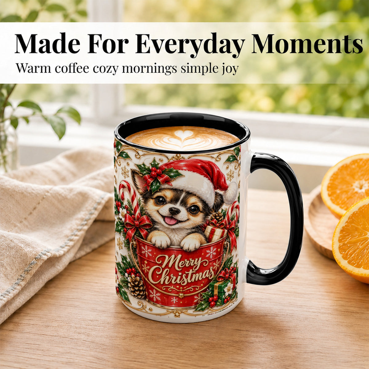 #pl[15oz|Black] Christmas Chihuahua Coffee Mug, Ornate Santa Puppy Mug, Ceramic Cup