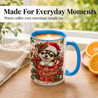 #pl[15oz|Blue] Christmas Chihuahua Coffee Mug, Ornate Santa Puppy Mug, Ceramic Cup