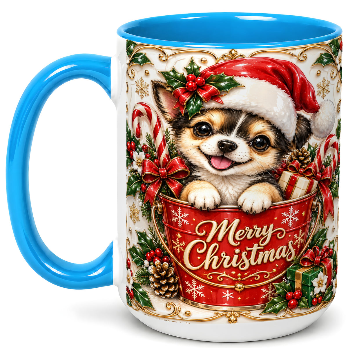 #pl[15oz|Blue] Christmas Chihuahua Coffee Mug, Ornate Santa Puppy Mug, Ceramic Cup
