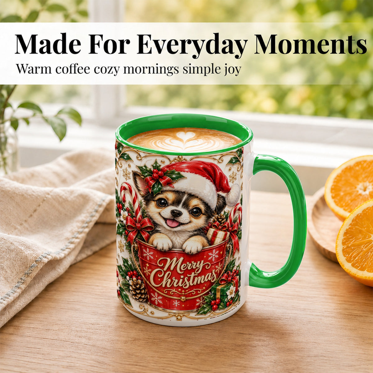#pl[15oz|Green] Christmas Chihuahua Coffee Mug, Ornate Santa Puppy Mug, Ceramic Cup