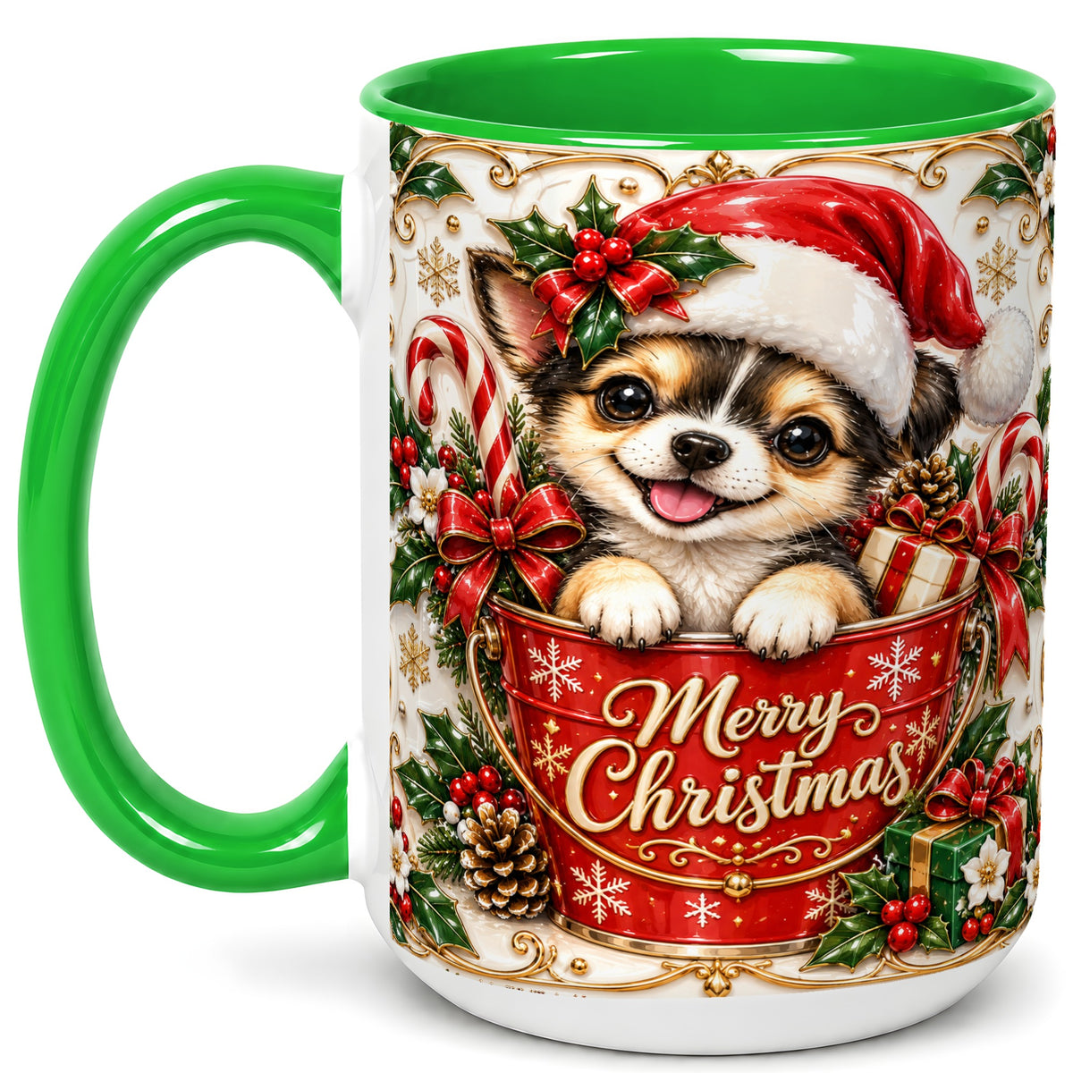 #pl[15oz|Green] Christmas Chihuahua Coffee Mug, Ornate Santa Puppy Mug, Ceramic Cup