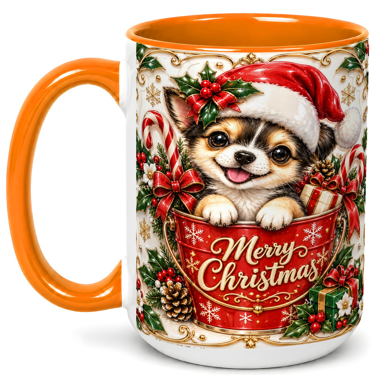 #pl[15oz|Orange] Christmas Chihuahua Coffee Mug, Ornate Santa Puppy Mug, Ceramic Cup