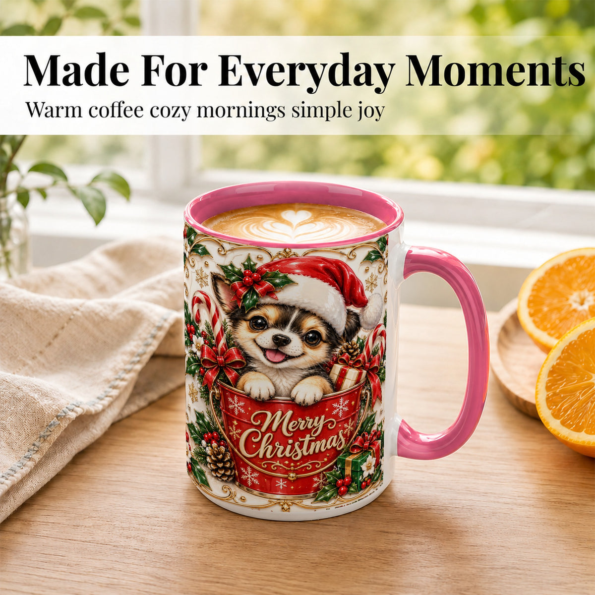 #pl[15oz|Pink] Christmas Chihuahua Coffee Mug, Ornate Santa Puppy Mug, Ceramic Cup