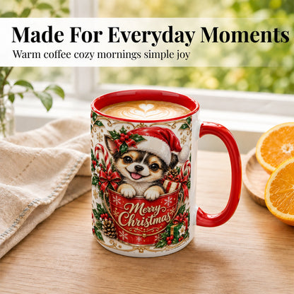 #pl[15oz|Red] Christmas Chihuahua Coffee Mug, Ornate Santa Puppy Mug, Ceramic Cup