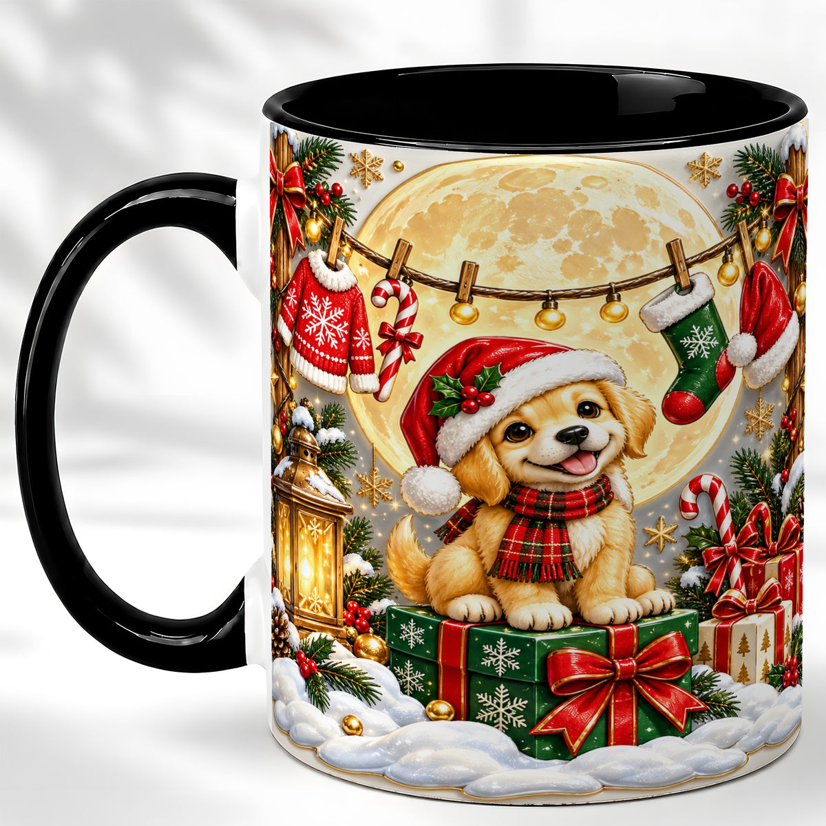 #pl[11oz|Black] Christmas Golden Retriever Coffee Mug, Santa Puppy Mug, Ceramic Cup
