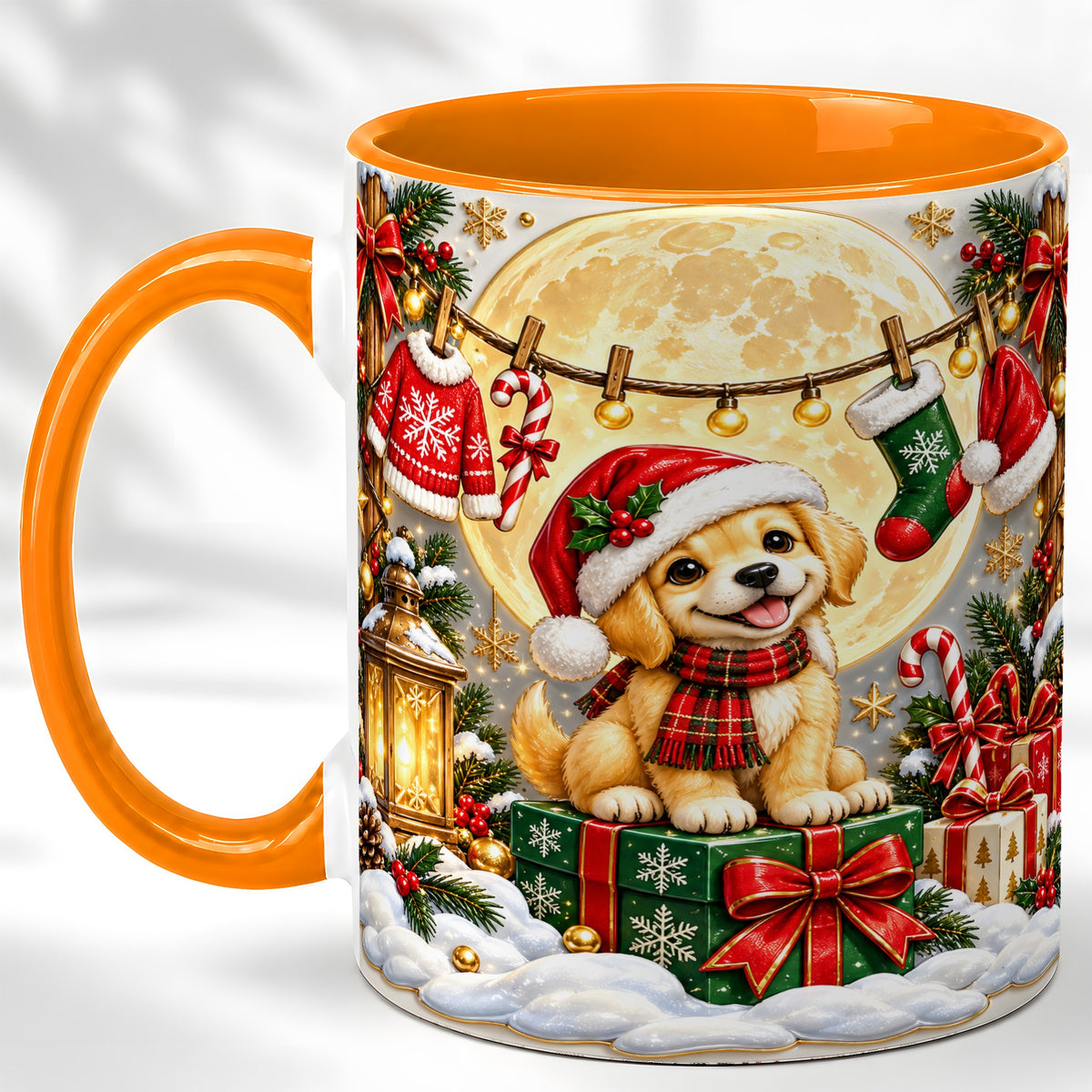#pl[11oz|Orange] Christmas Golden Retriever Coffee Mug, Santa Puppy Mug, Ceramic Cup