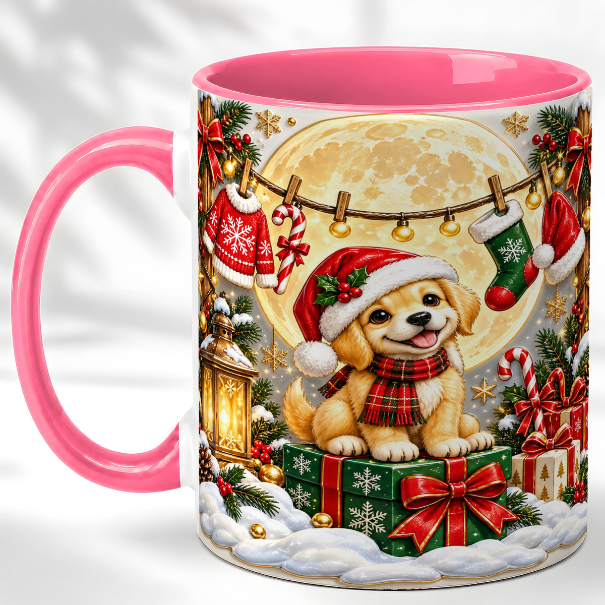 #pl[11oz|Pink] Christmas Golden Retriever Coffee Mug, Santa Puppy Mug, Ceramic Cup