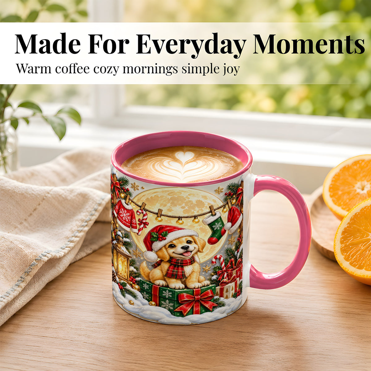 #pl[11oz|Pink] Christmas Golden Retriever Coffee Mug, Santa Puppy Mug, Ceramic Cup