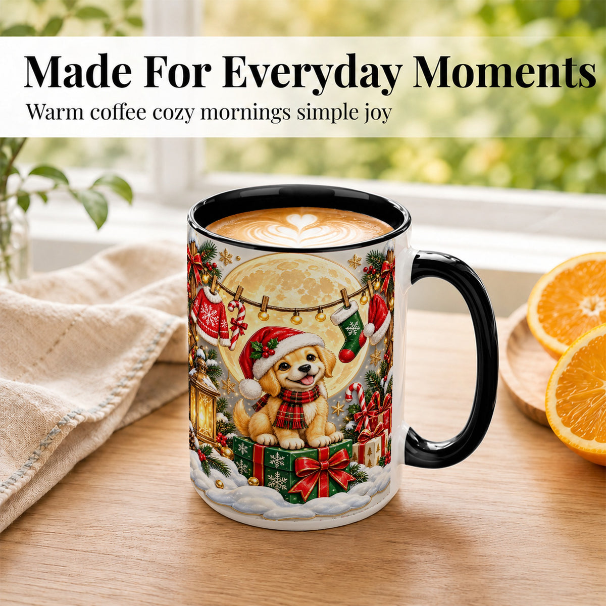 #pl[15oz|Black] Christmas Golden Retriever Coffee Mug, Santa Puppy Mug, Ceramic Cup