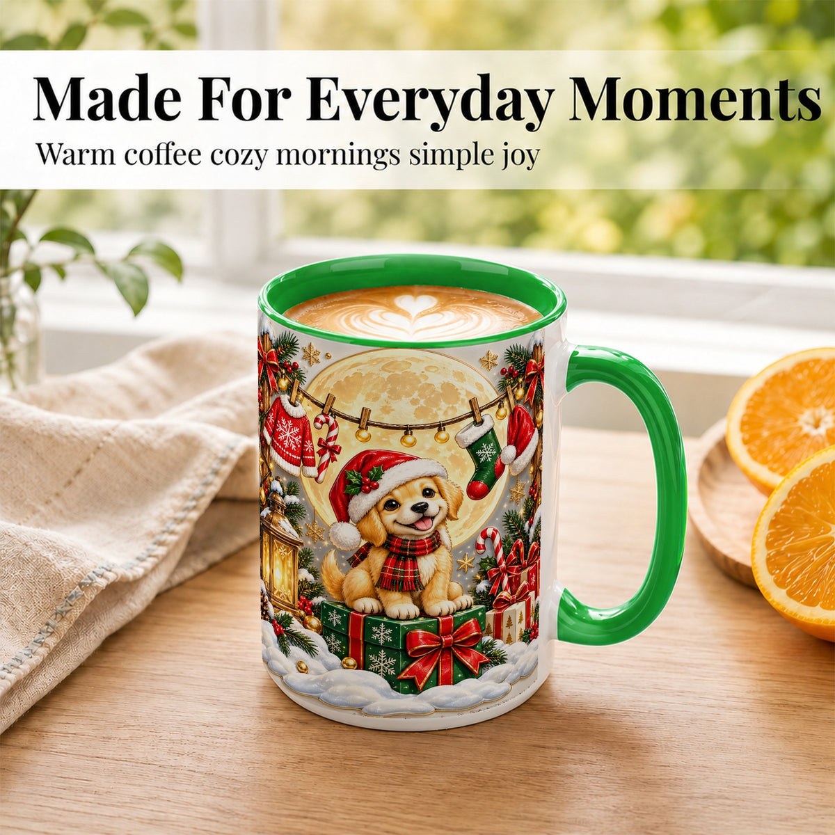 #pl[15oz|Green] Christmas Golden Retriever Coffee Mug, Santa Puppy Mug, Ceramic Cup