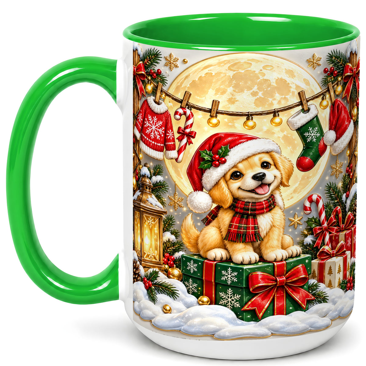 #pl[15oz|Green] Christmas Golden Retriever Coffee Mug, Santa Puppy Mug, Ceramic Cup