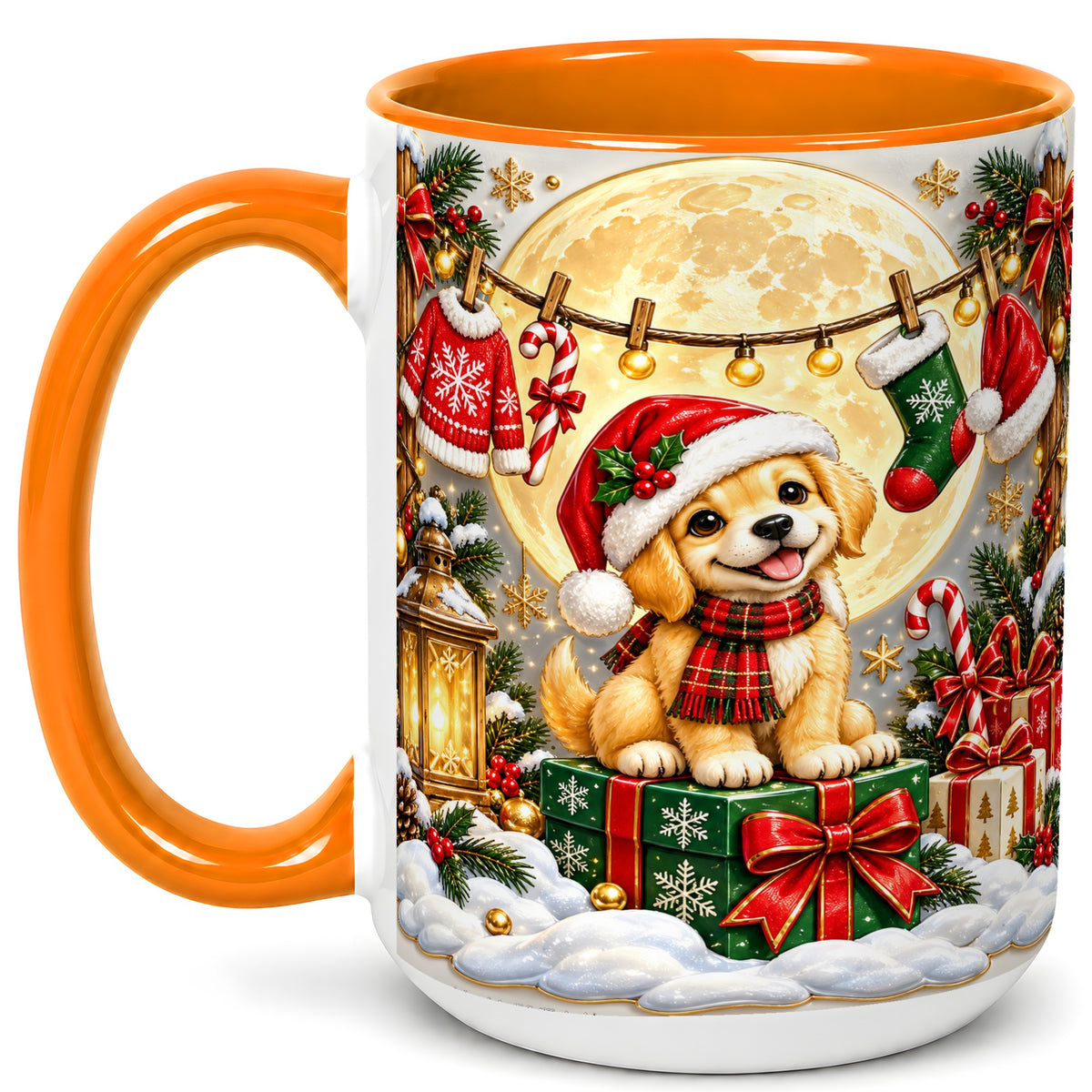 #pl[15oz|Orange] Christmas Golden Retriever Coffee Mug, Santa Puppy Mug, Ceramic Cup