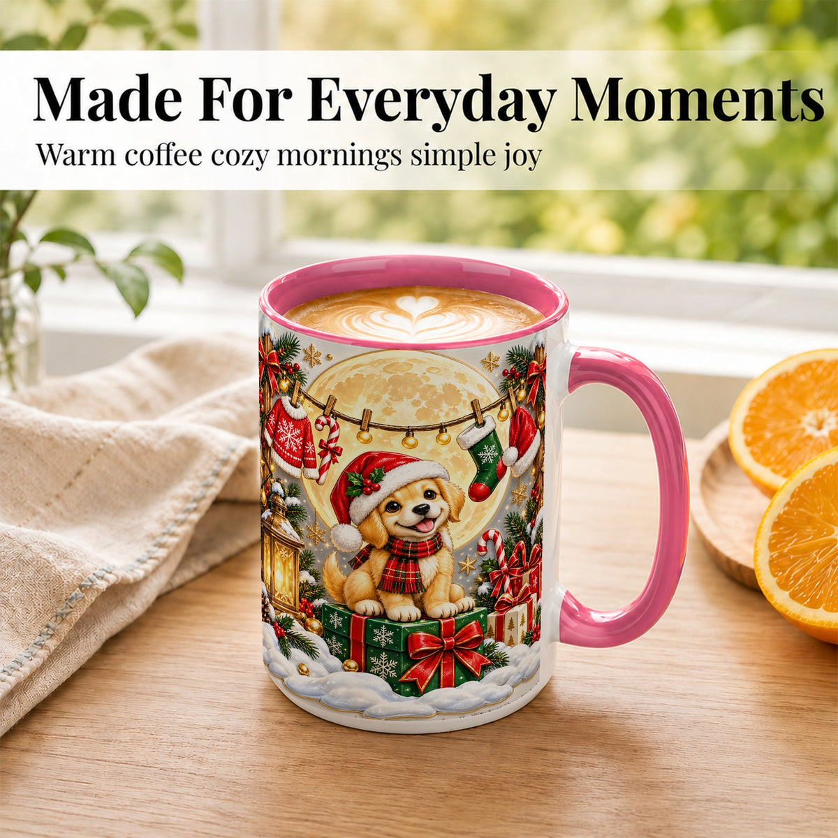 #pl[15oz|Pink] Christmas Golden Retriever Coffee Mug, Santa Puppy Mug, Ceramic Cup