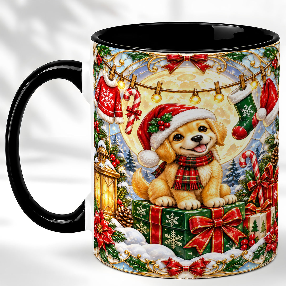 #pl[11oz|Black] Christmas Golden Retriever Coffee Mug, Festive Puppy Mug, Ceramic Cup